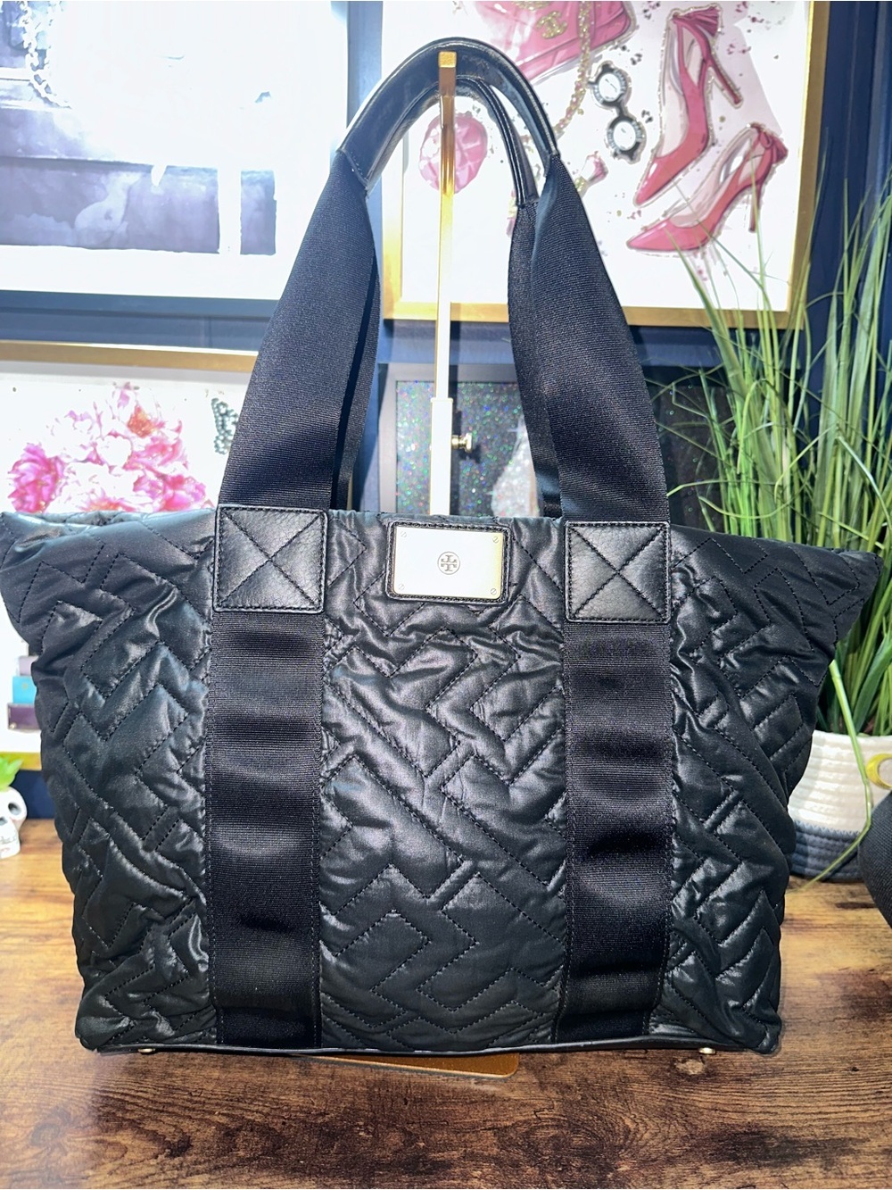 Tory Burch Ella Quilted Nylon Tote Black